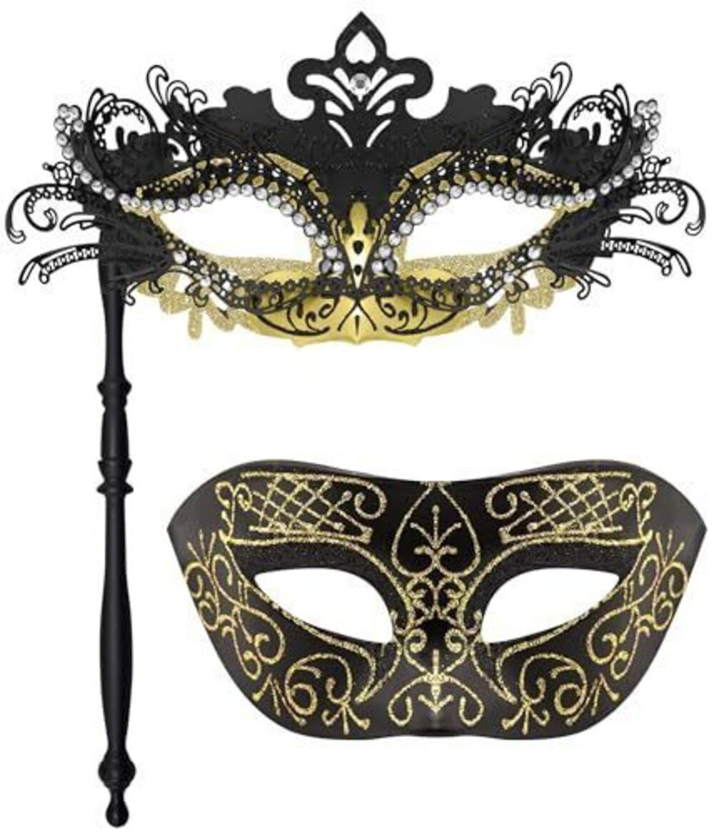 6762 Couple Masquerade Masks with Stick Venetian Mask on a Stick Mardi Gras